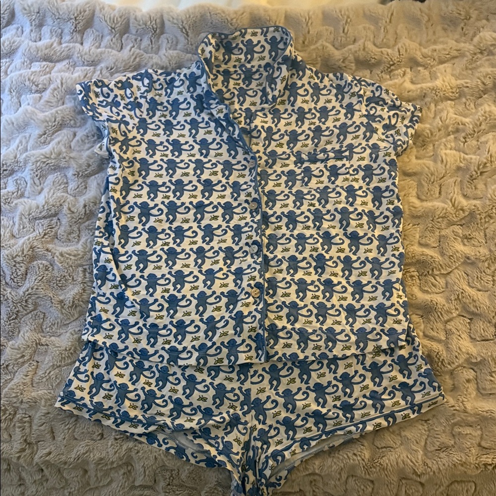 Roller Rabbit Blue and White Monkey Print Pajama Set
